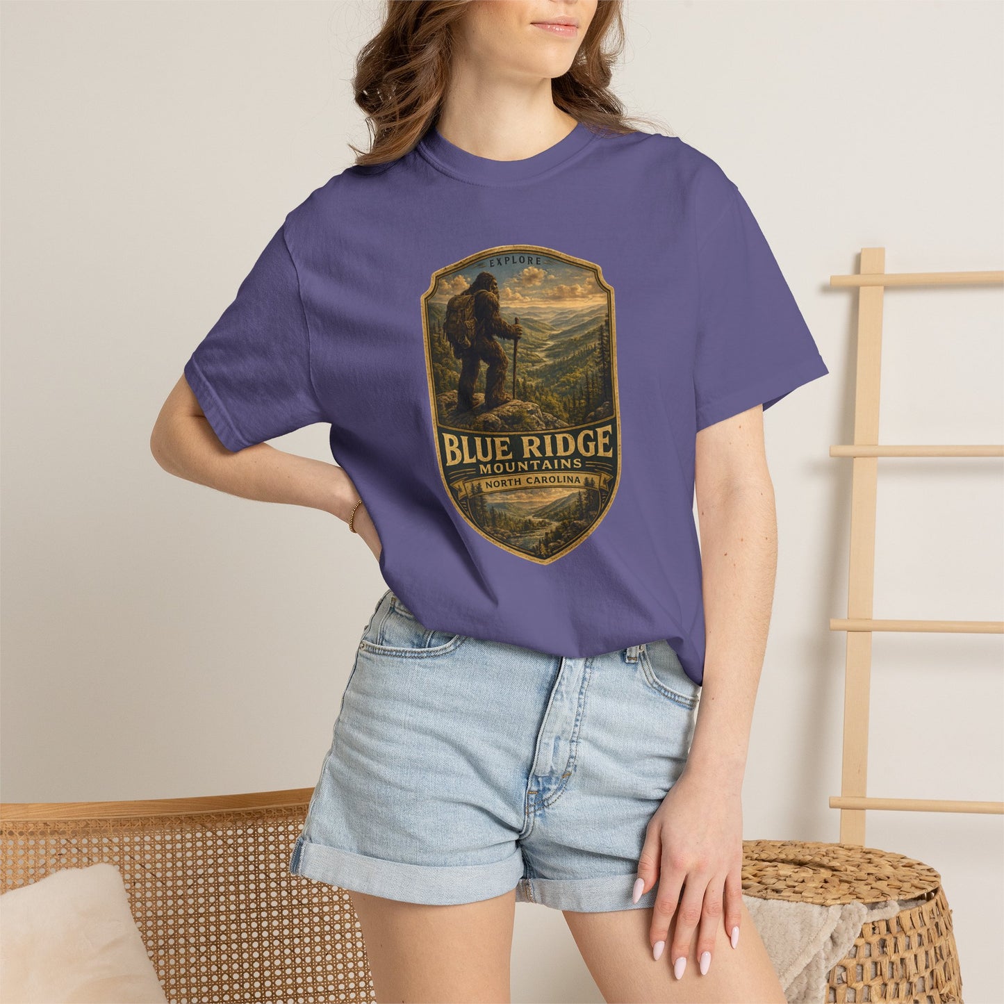 Blue Ridge Mountains Badge Bigfoot Design T-Shirt | Hiking Nature Retro