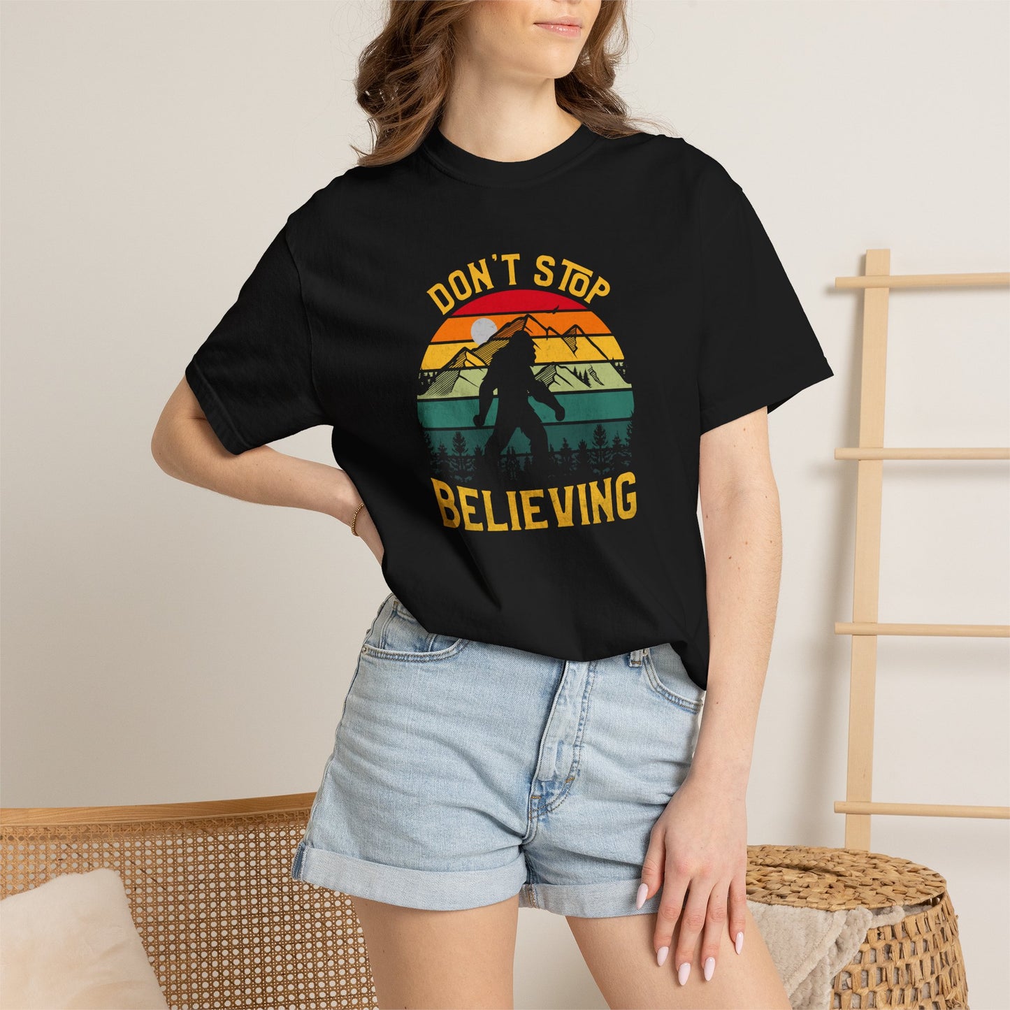 Bigfoot Don't Stop Believing T-Shirt | Retro Sunset Sasquatch Design