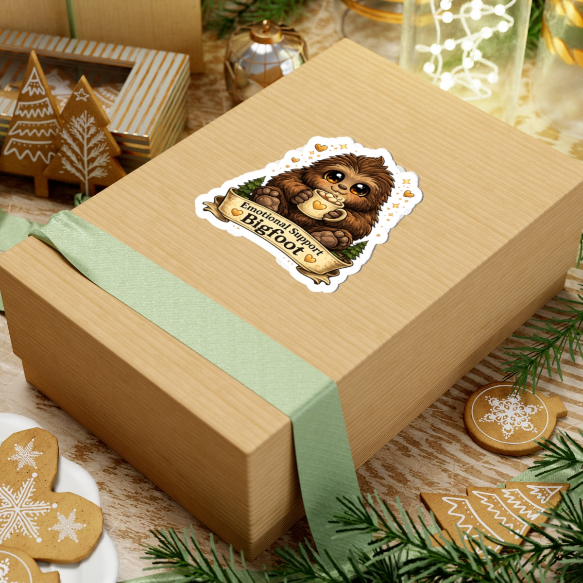 Emotional Support Bigfoot Kiss-Cut Sticker | Cute Sasquatch Coffee