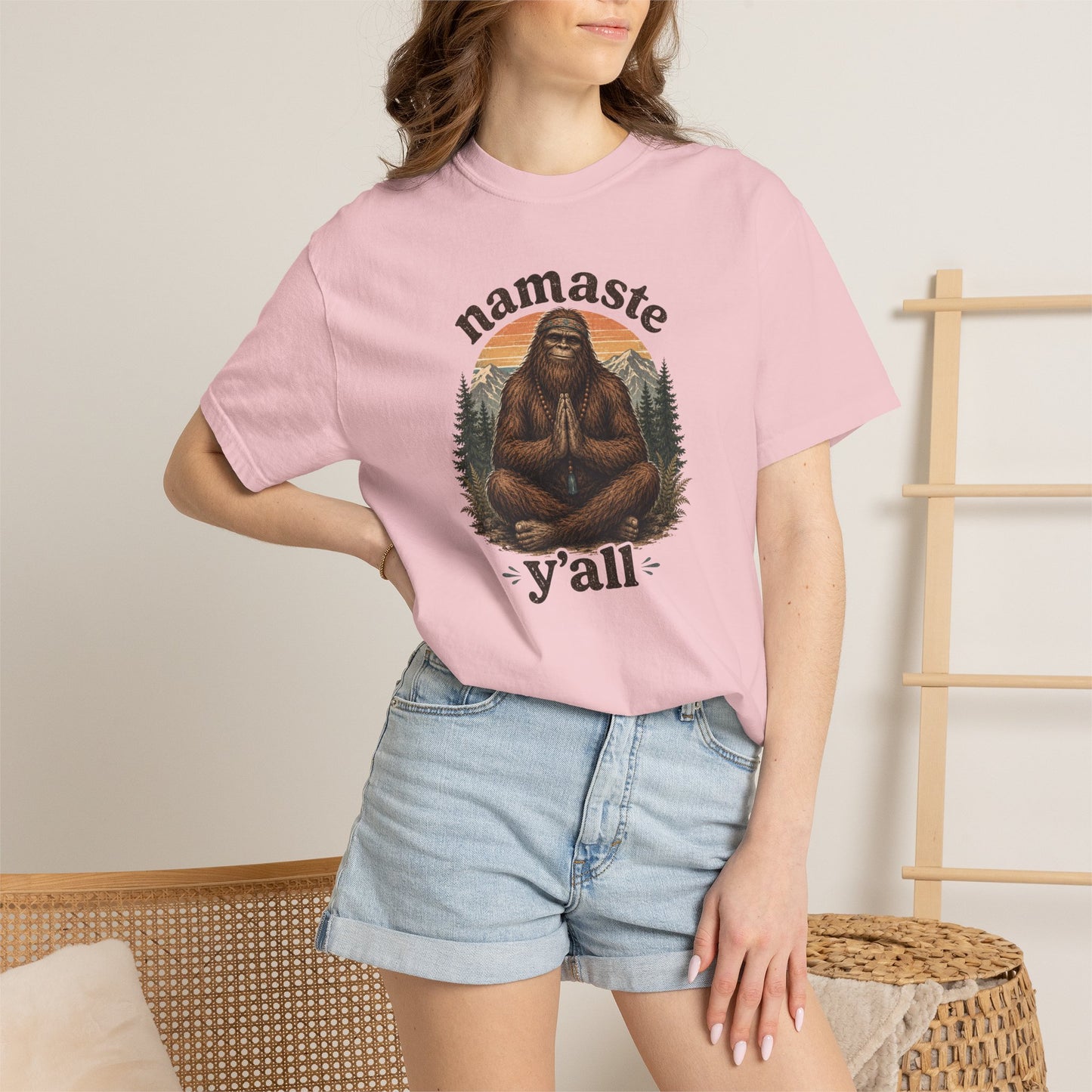 Namaste Y'all Bigfoot Sasquatch T-Shirt | Yoga Forest Illustration