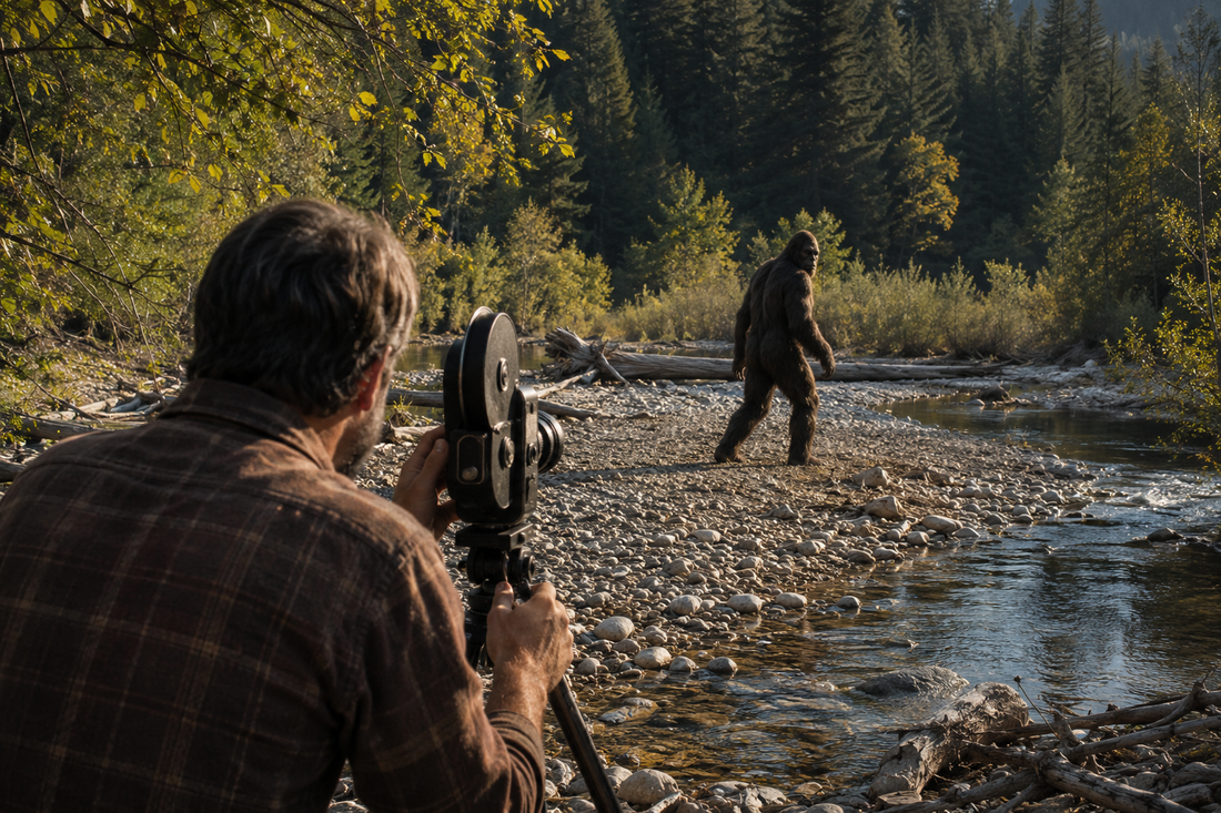 A man films a large, hair-covered Bigfoot figure walking across the rocky creek bed at Bluff Creek, California, during the 1967 Patterson-Gimlin encounter.