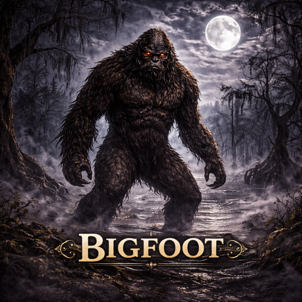 Bigfoot collection banner, dark digital illustration of Bigfoot standing in a misty moonlit swamp, glowing red eyes, moss-draped trees, full moon overhead, ornate gold lettering, Chasing Cryptids
