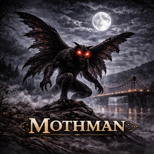 Mothman collection banner, dark digital illustration of Mothman with giant wings perched on rocks under a full moon, glowing red eyes, misty Point Pleasant bridge lit up behind him, ornate gold lettering, Chasing Cryptids