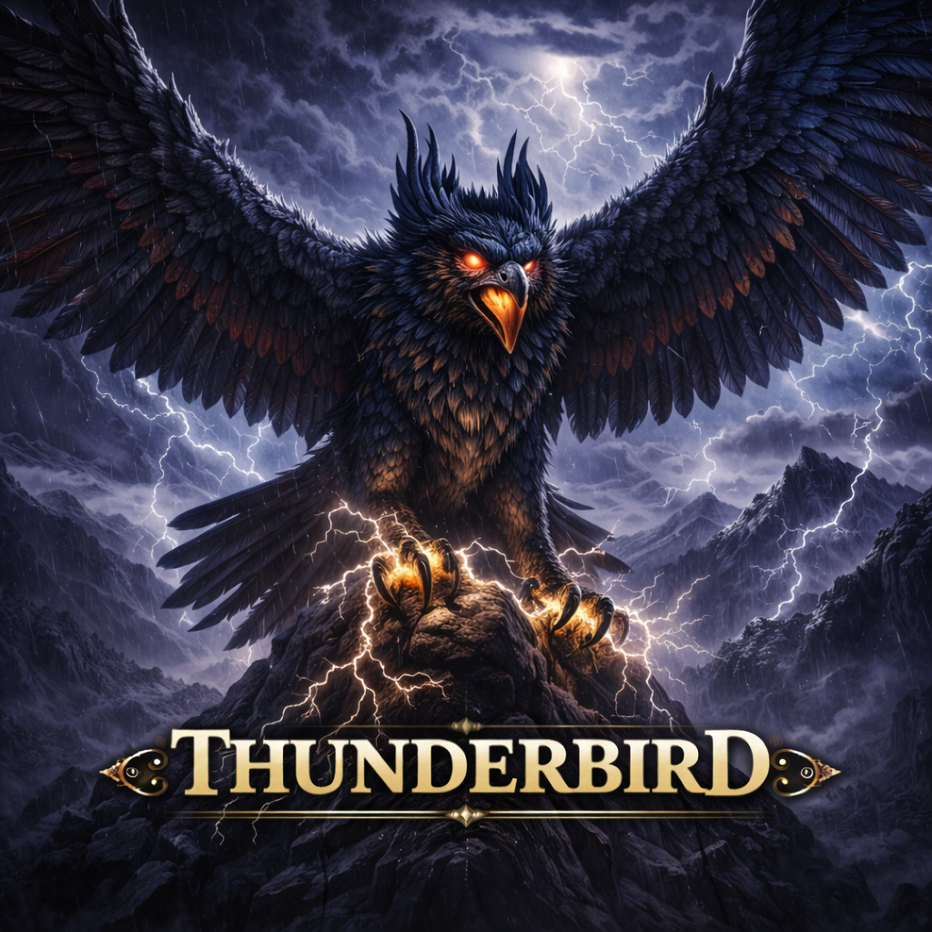 Thunderbird cryptid art, massive dark feathered bird with glowing red eyes and lightning-charged talons perched on a mountain peak during a storm