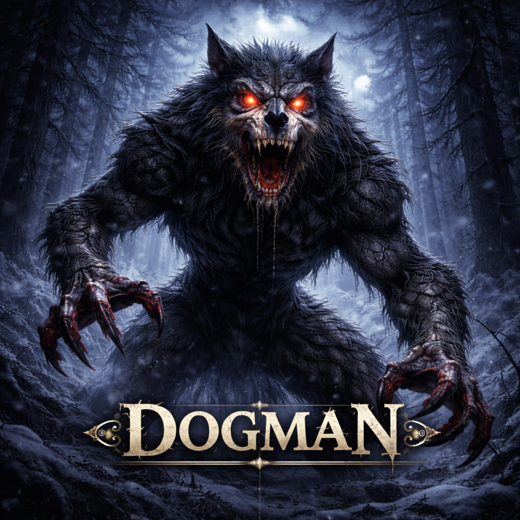 Dogman cryptid art, massive bipedal wolf creature with glowing red eyes and razor claws looming over a snow-covered forest floor at night