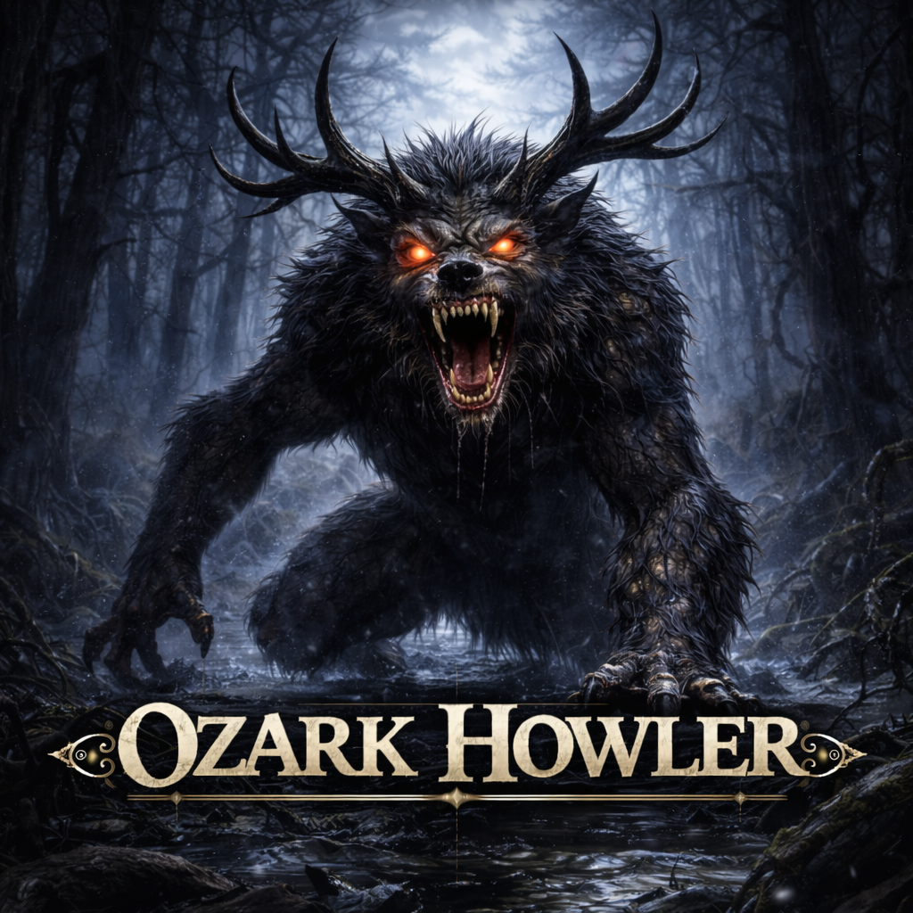 Ozark Howler cryptid art, massive black-furred beast with antlers and glowing red eyes crouching in a dark flooded forest at night