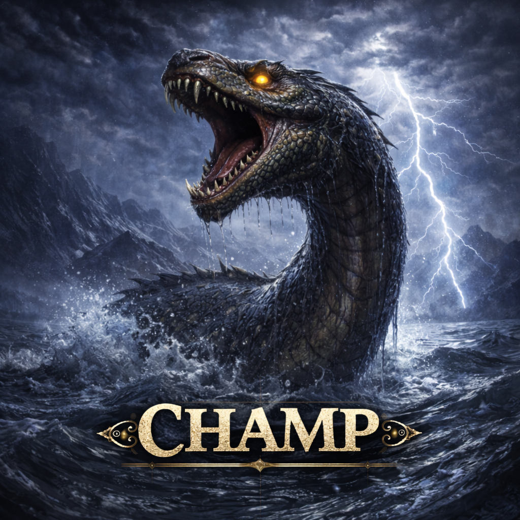 Champ lake monster cryptid art, massive serpentine creature with glowing amber eye and open jaws rising from storm-churned waters with lightning in the background