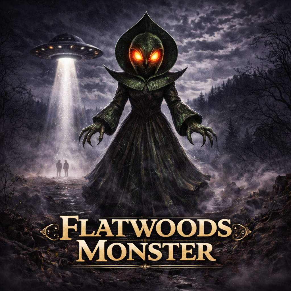Flatwoods Monster collection banner, dark digital illustration of the robed alien Flatwoods Monster with glowing red eyes, hovering UFO with searchlight, silhouetted witnesses, misty West Virginia forest, ornate gold lettering, Chasing Cryptids