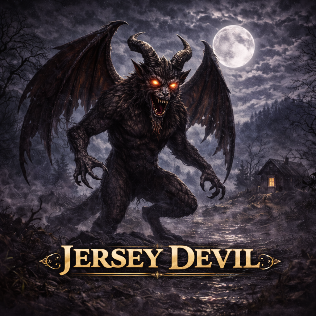 Jersey Devil collection banner, dark digital illustration of the Jersey Devil with bat wings and horns snarling under a full moon, glowing red eyes, misty Pine Barrens forest, isolated cabin, ornate gold lettering, Chasing Cryptids