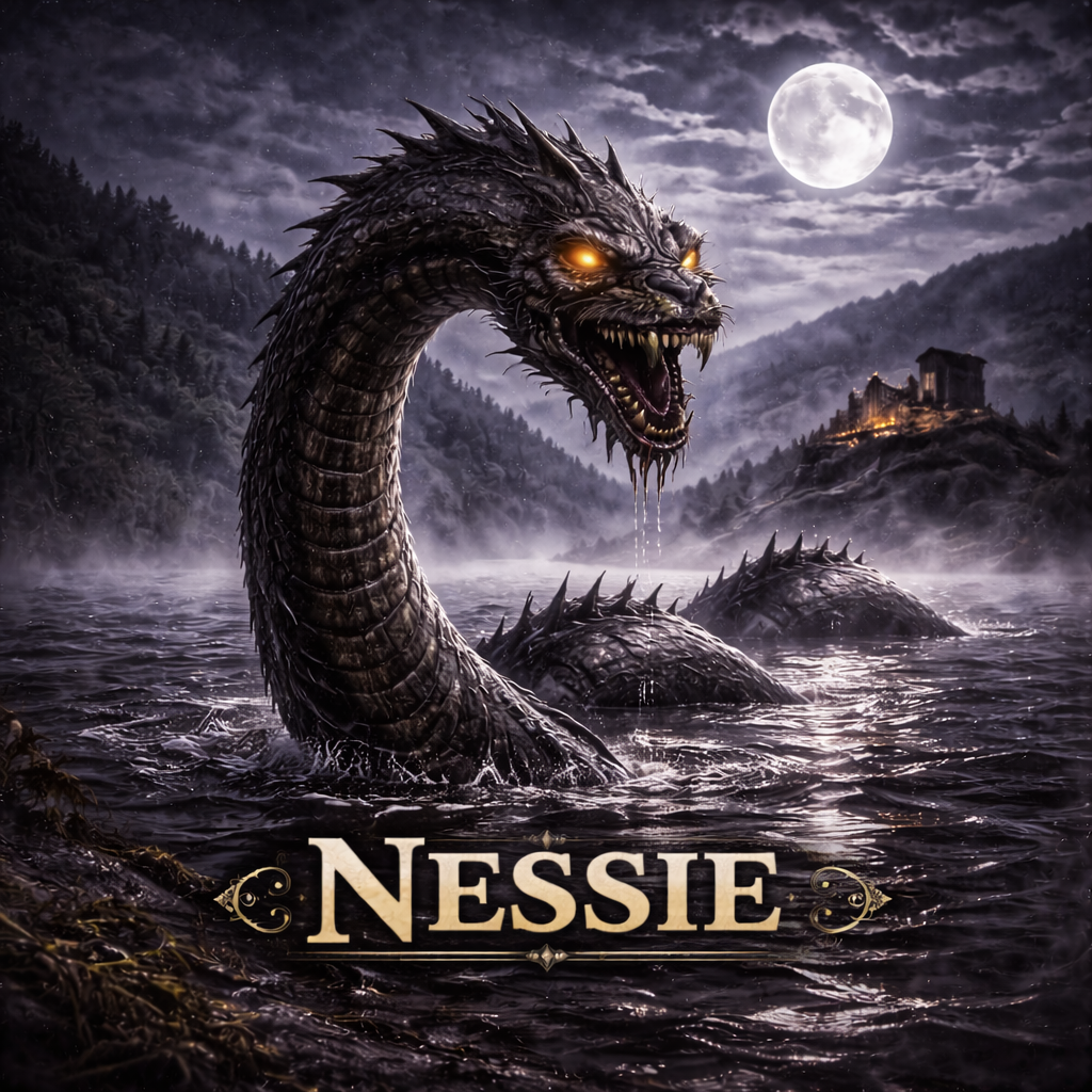 Nessie collection banner, dark digital illustration of the Loch Ness Monster rising from misty moonlit Scottish loch, glowing golden eyes, spined scales, ancient castle ruins on hilltop, ornate gold lettering, Chasing Cryptids