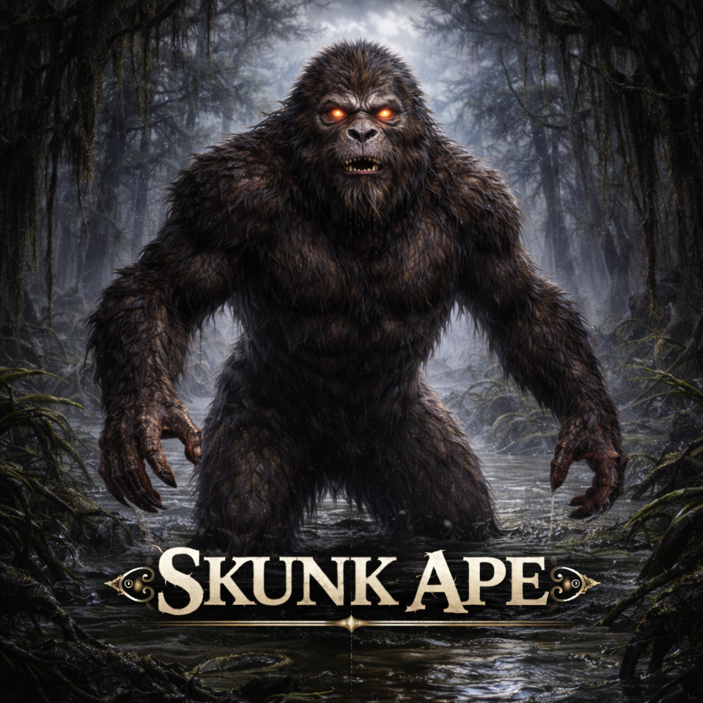 Skunk Ape cryptid art, massive dark-furred bipedal ape creature with glowing orange eyes wading through a misty Florida swamp at night