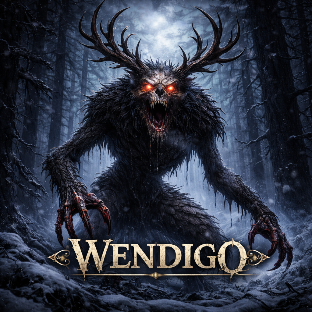 Wendigo cryptid art, dark antlered humanoid beast with glowing red eyes and scaled claws emerging from a snow-covered winter forest at night