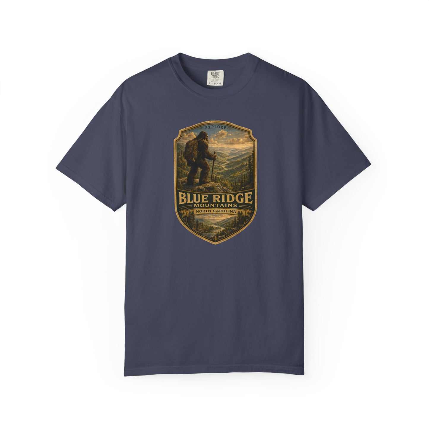 Blue Ridge Mountains Badge Bigfoot Design T-Shirt | Hiking Nature Retro