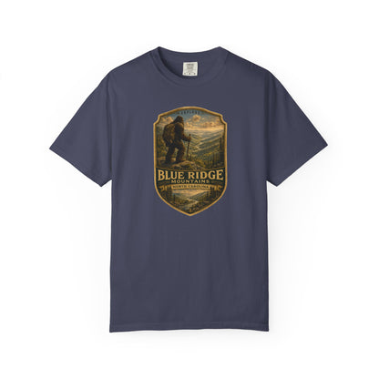 Blue Ridge Mountains Badge Bigfoot Design T-Shirt | Hiking Nature Retro