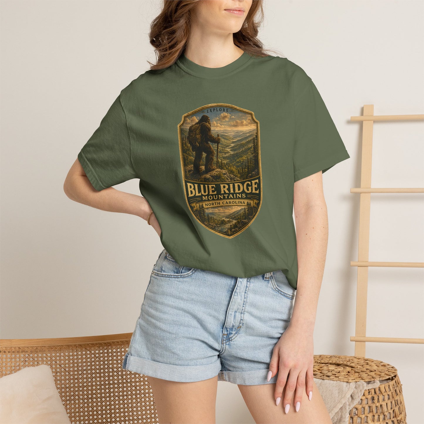 Blue Ridge Mountains Badge Bigfoot Design T-Shirt | Hiking Nature Retro