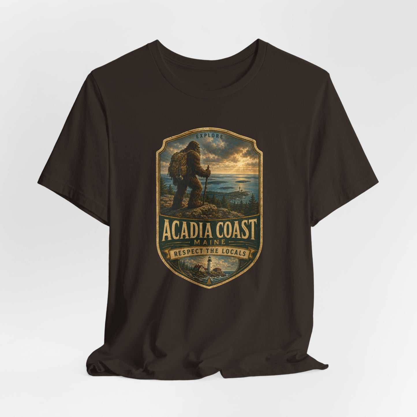 Acadia Coast Maine badge design T-Shirt | Respect the Locals, Bigfoot coastal hiking tee