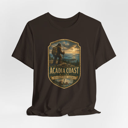 Acadia Coast Maine Bigfoot hiking badge graphic t-shirt