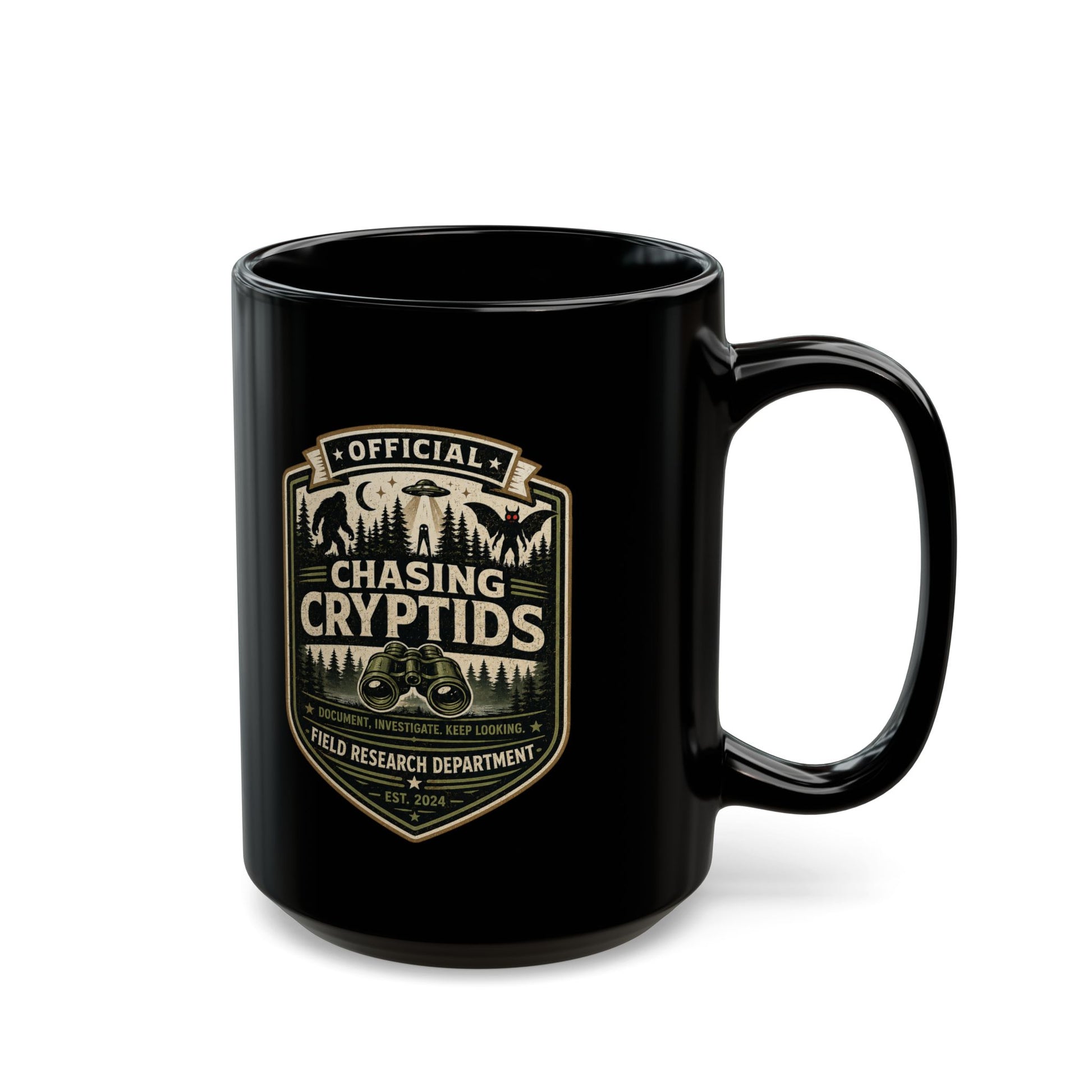 Chasing Cryptids official field research black ceramic coffee mug