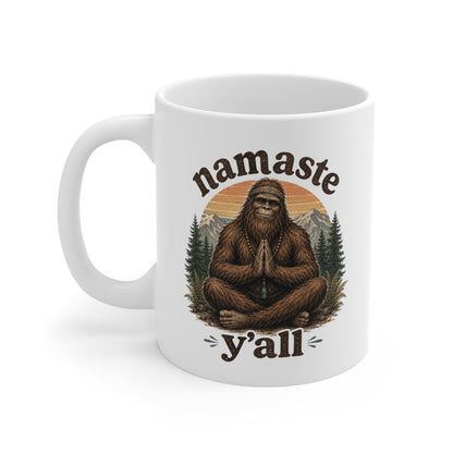 Namaste Y'all meditating Bigfoot ceramic coffee mug