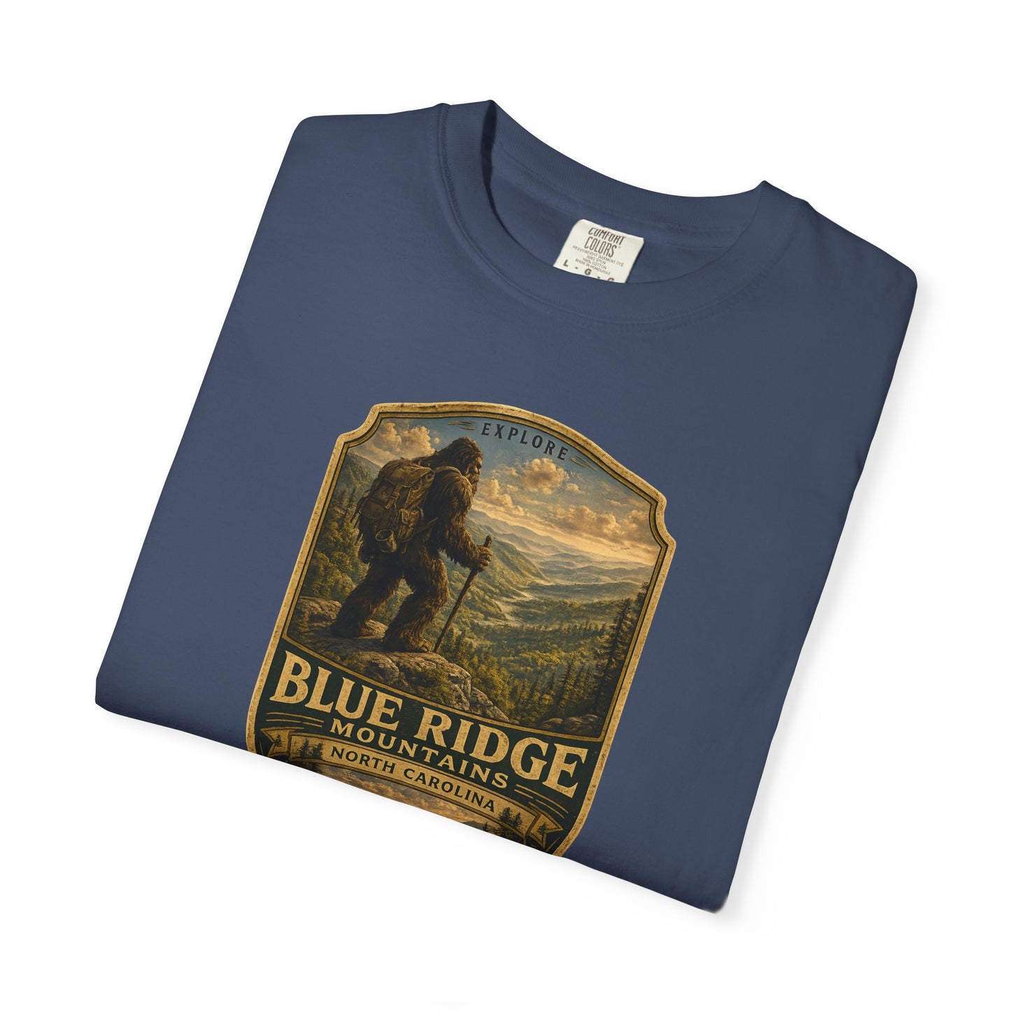 Blue Ridge Mountains Badge Bigfoot Design T-Shirt | Hiking Nature Retro