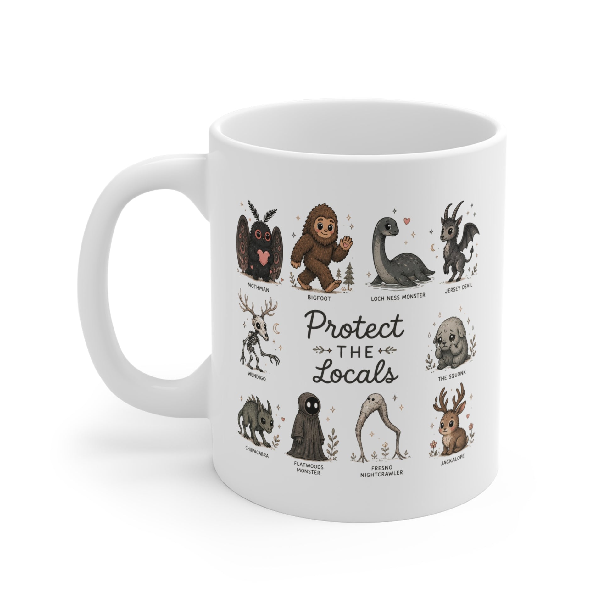 Protect the Locals Bigfoot Nessie Mothman illustrated ceramic mug