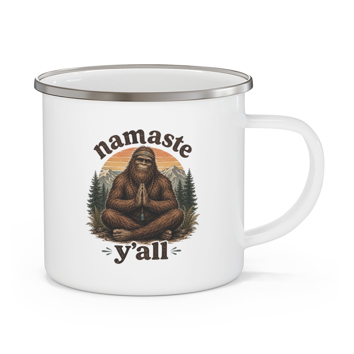 Namaste Y'all Bigfoot Meditation Enamel Mug | Sasquatch Yoga Camping Cup