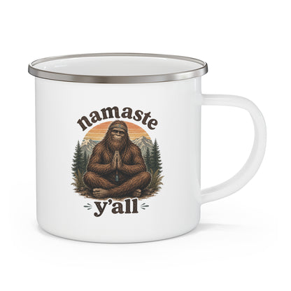 Namaste Y'all meditating Bigfoot enamel camping mug