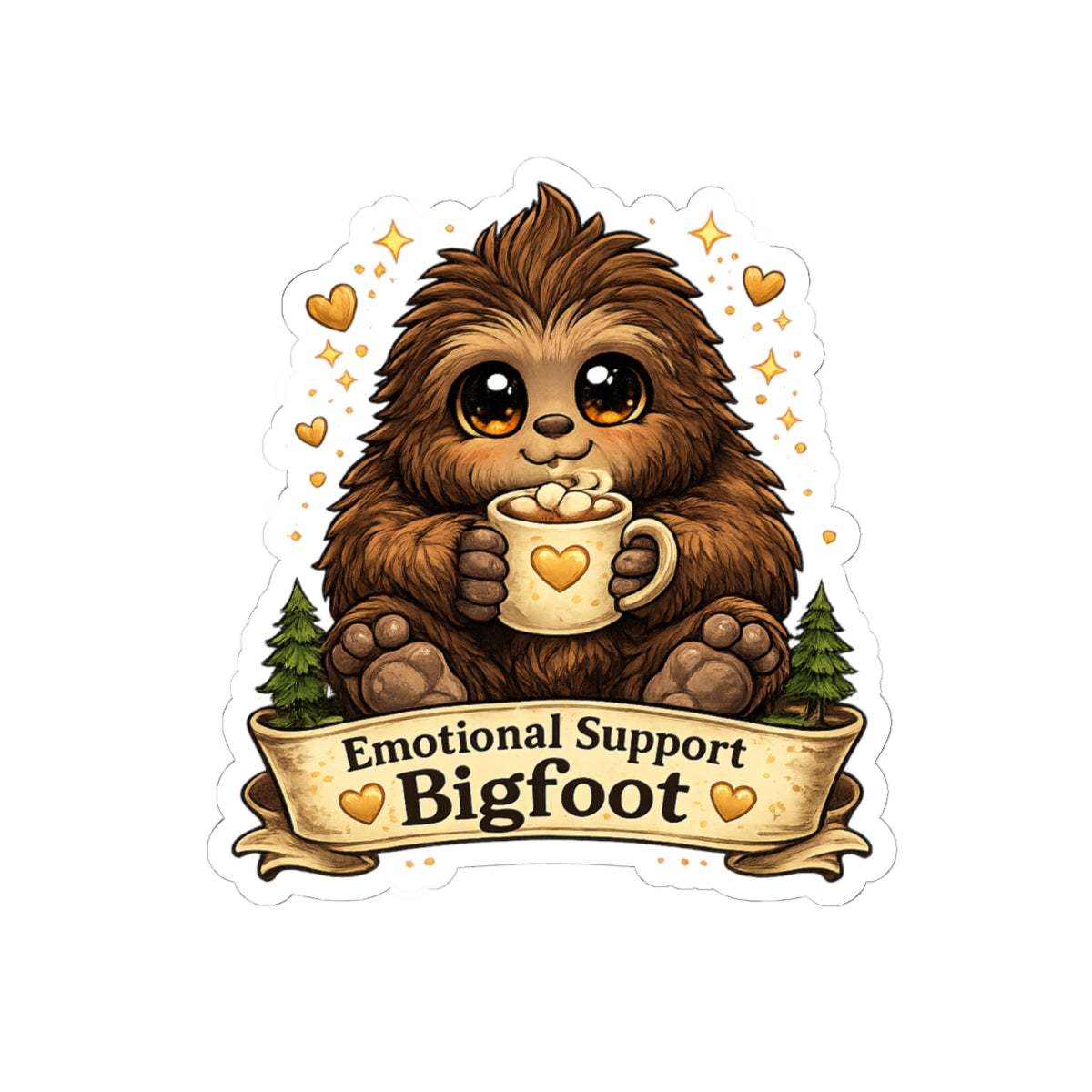 Emotional Support Bigfoot Kiss-Cut Sticker | Cute Sasquatch Coffee