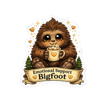 Emotional Support Bigfoot holding a warm mug kiss-cut vinyl sticker