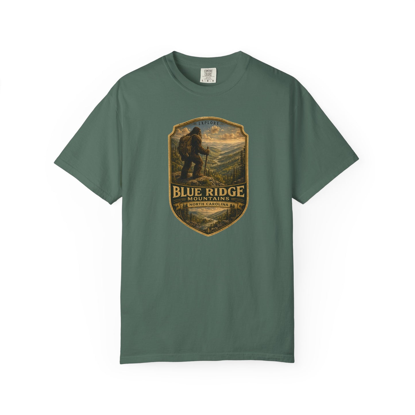 Blue Ridge Mountains Badge Bigfoot Design T-Shirt | Hiking Nature Retro