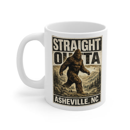 Straight Outta Asheville Bigfoot mountain design ceramic mug