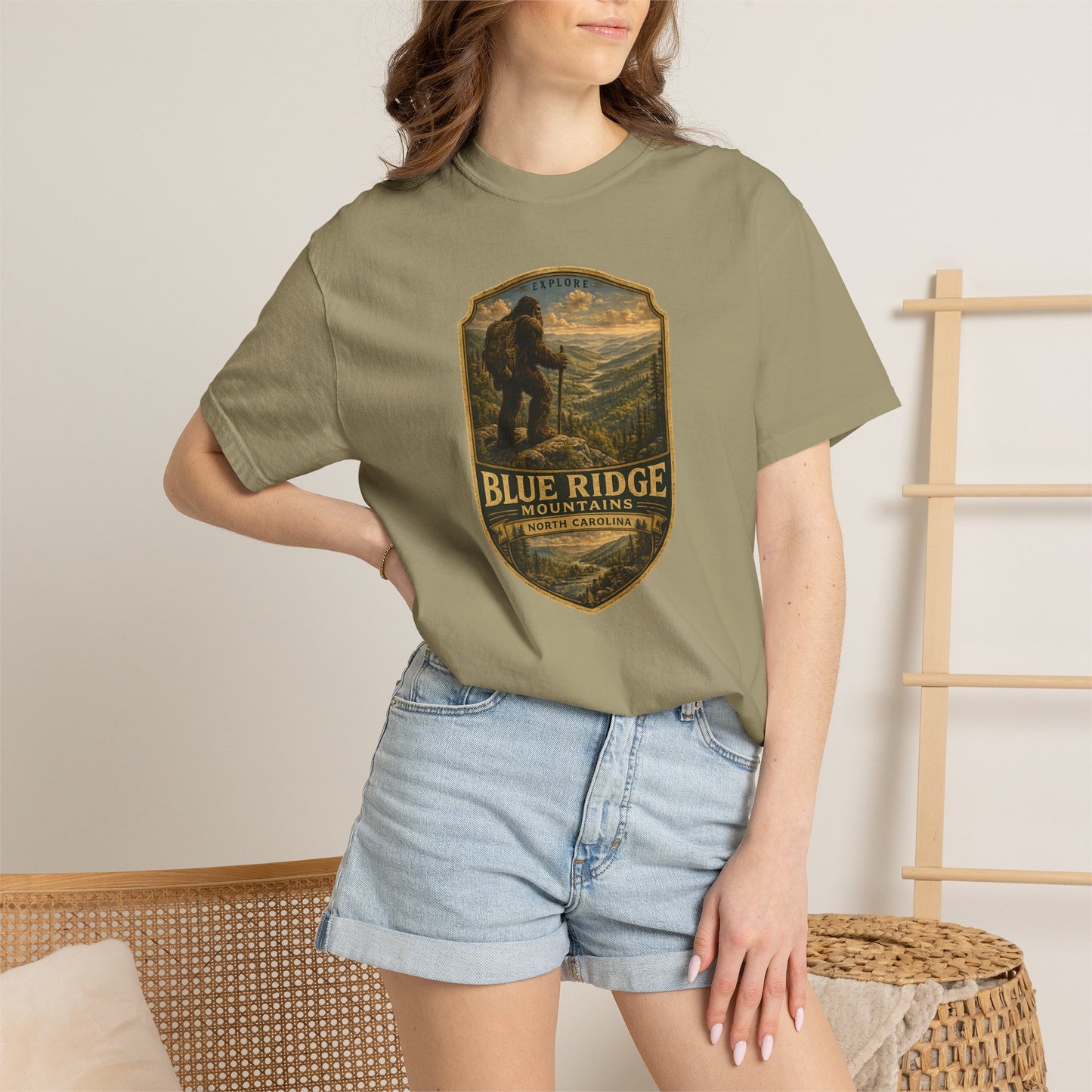 Blue Ridge Mountains Badge Bigfoot Design T-Shirt | Hiking Nature Retro