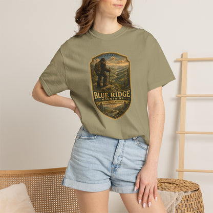 Blue Ridge Mountains Badge Bigfoot Design T-Shirt | Hiking Nature Retro