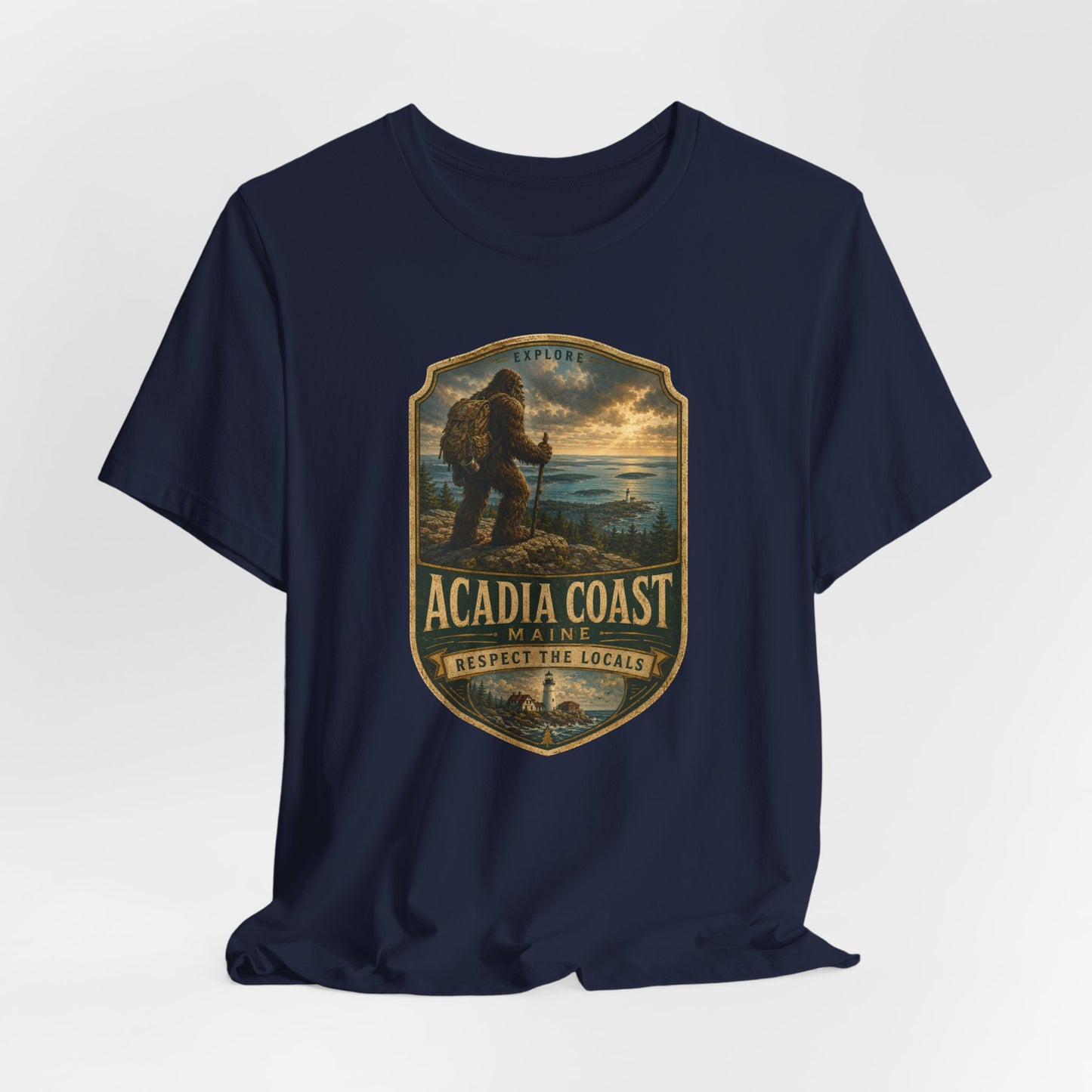 Acadia Coast Maine badge design T-Shirt | Respect the Locals, Bigfoot coastal hiking tee