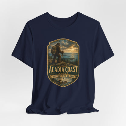 Acadia Coast Maine badge design T-Shirt | Respect the Locals, Bigfoot coastal hiking tee