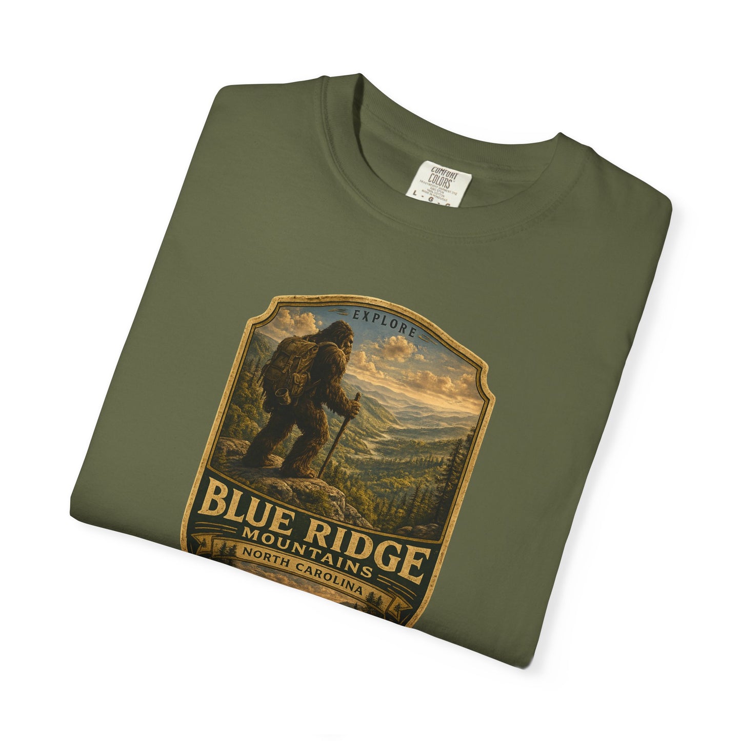 Blue Ridge Mountains Badge Bigfoot Design T-Shirt | Hiking Nature Retro