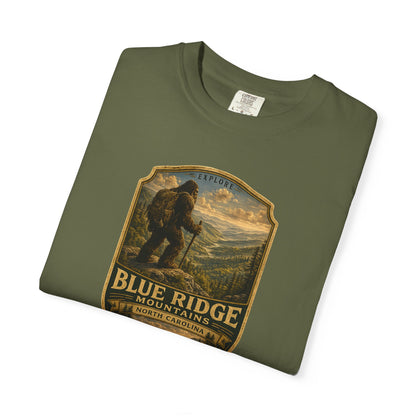 Blue Ridge Mountains Badge Bigfoot Design T-Shirt | Hiking Nature Retro