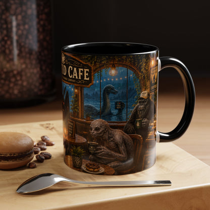 Cryptid Cafe Mug | Bigfoot, Mothman & Nessie Coffee Mug | 11oz or 15oz Accent Color Ceramic Mug