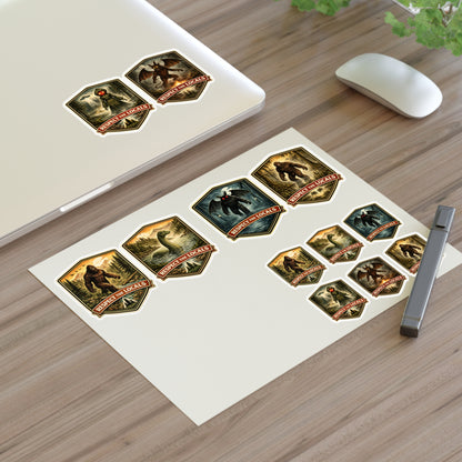 Cryptid sticker sheet with 12 vintage-badge cryptid designs
