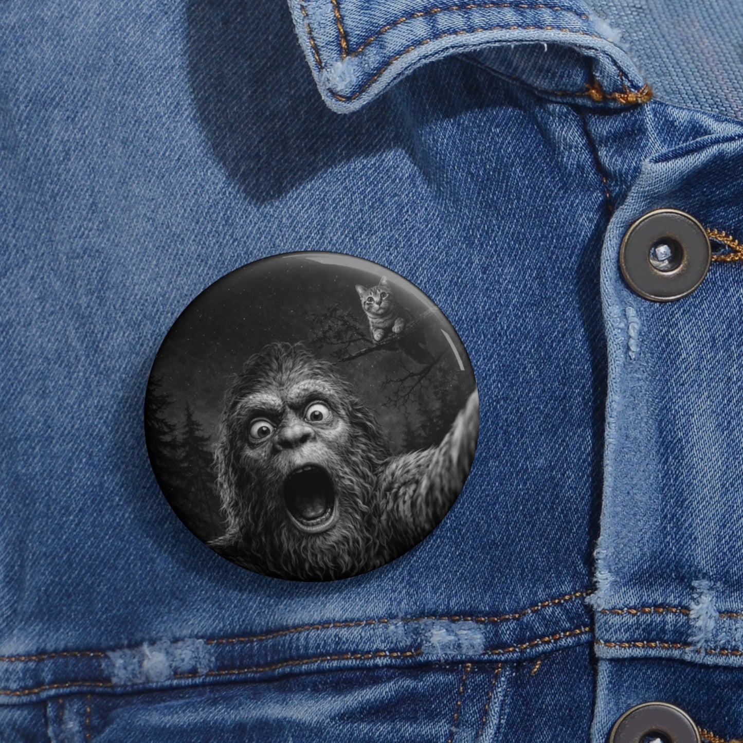 Shocked Bigfoot Button Freaked Out by Cat Cryptid Selfie Pin Funny Forest Badge