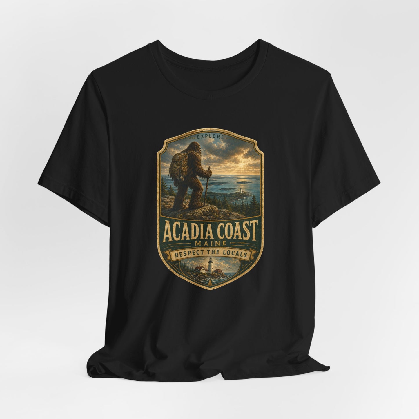 Acadia Coast Maine badge design T-Shirt | Respect the Locals, Bigfoot coastal hiking tee