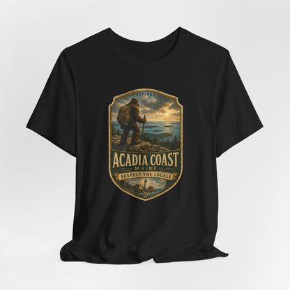 Acadia Coast Maine badge design T-Shirt | Respect the Locals, Bigfoot coastal hiking tee
