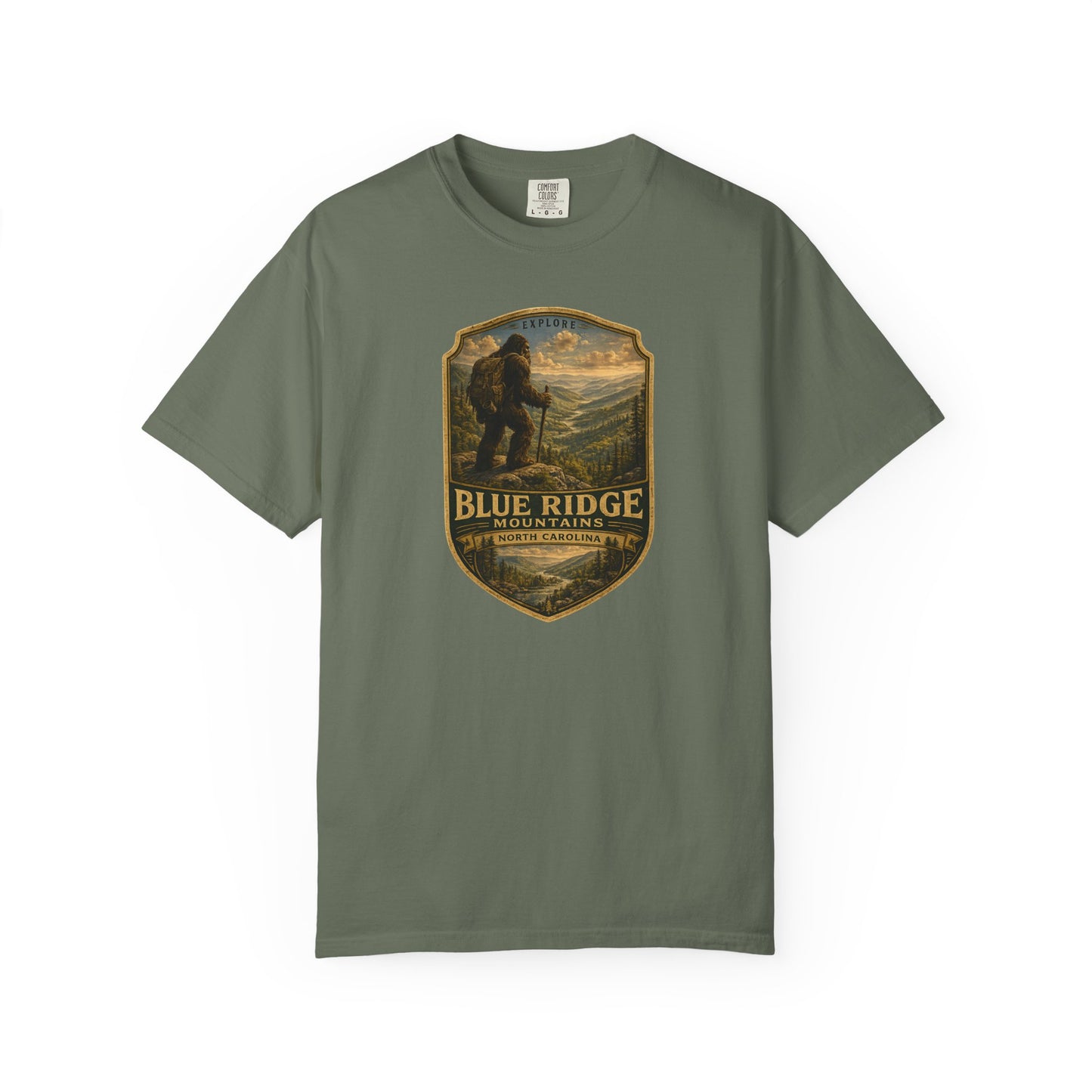 Blue Ridge Mountains Badge Bigfoot Design T-Shirt | Hiking Nature Retro