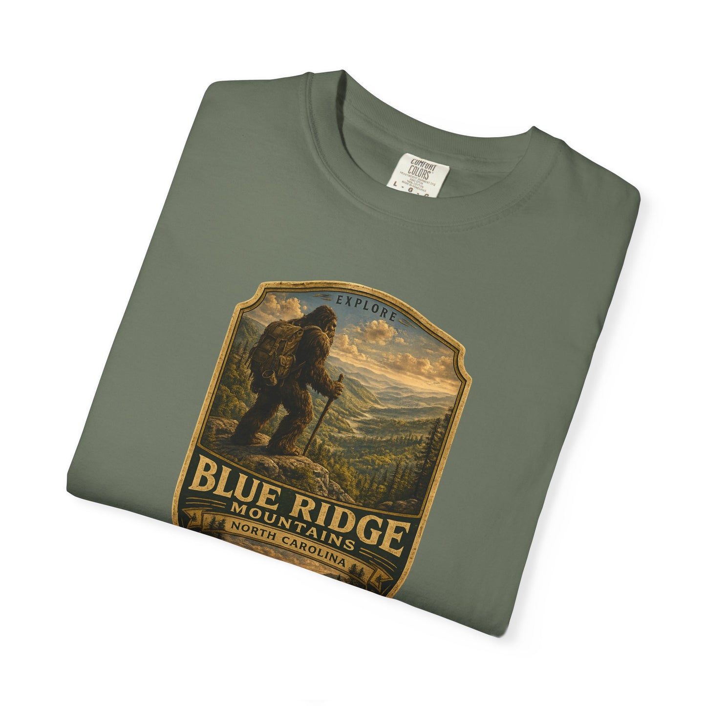 Blue Ridge Mountains Badge Bigfoot Design T-Shirt | Hiking Nature Retro