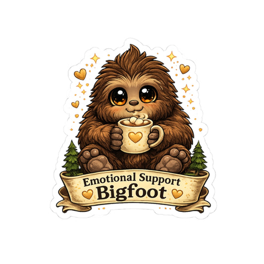 Emotional Support Bigfoot Kiss-Cut Sticker | Cute Sasquatch Coffee