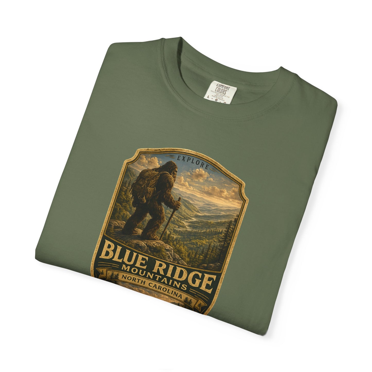 Blue Ridge Mountains Badge Bigfoot Design T-Shirt | Hiking Nature Retro
