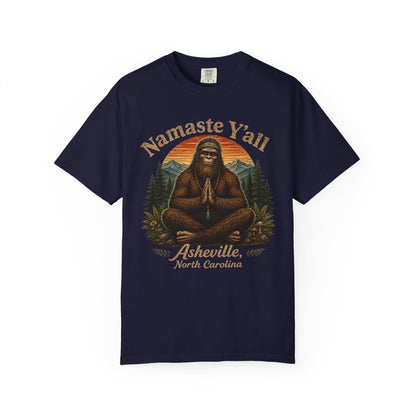 Namaste Y'all meditating Sasquatch Asheville graphic t-shirt