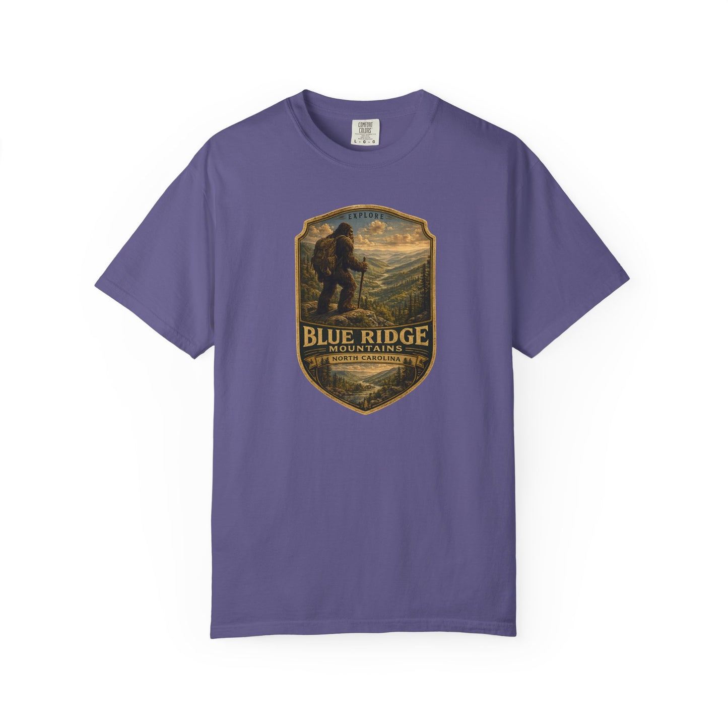 Blue Ridge Mountains Badge Bigfoot Design T-Shirt | Hiking Nature Retro