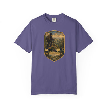 Blue Ridge Mountains Badge Bigfoot Design T-Shirt | Hiking Nature Retro
