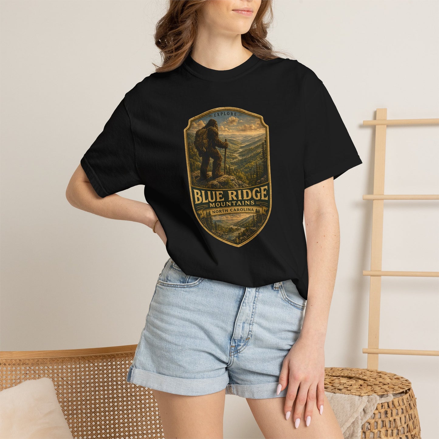 Blue Ridge Mountains Badge Bigfoot Design T-Shirt | Hiking Nature Retro